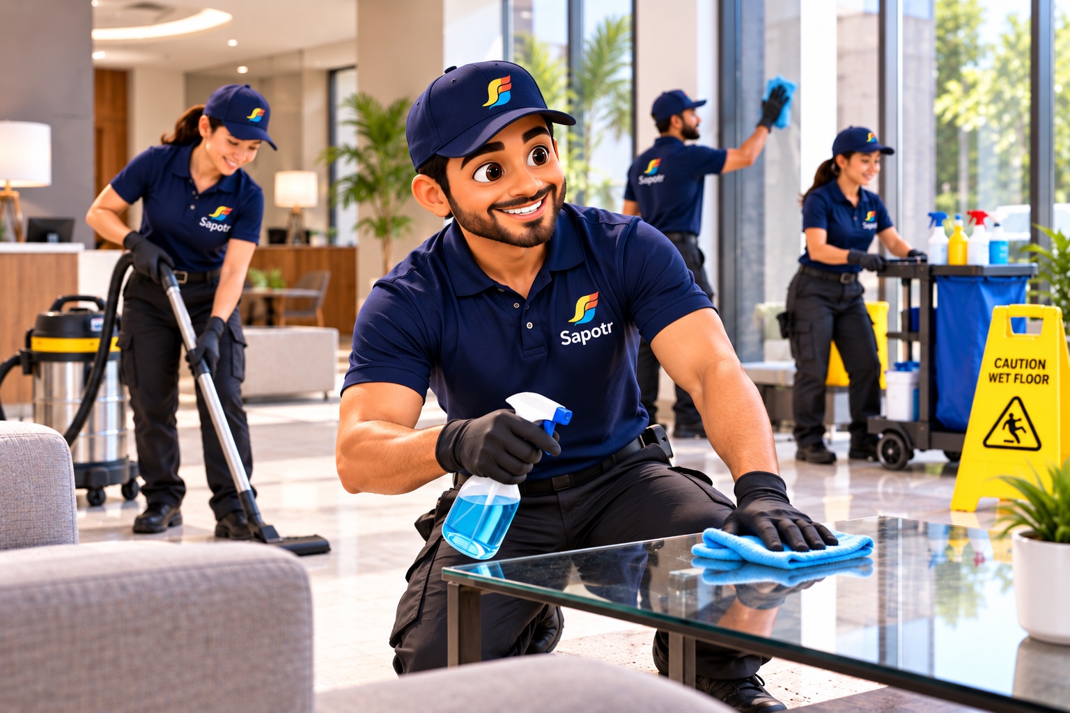 A facilities worker cleaning high glass in a bright building