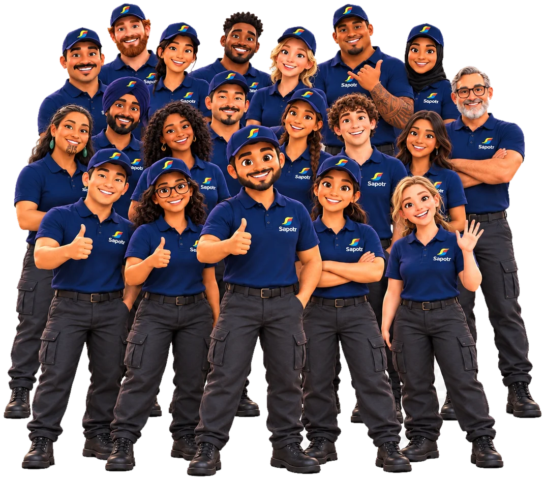 A crowd of smiling SAPOTRs of many backgrounds, all in navy SAPOTR caps and polos