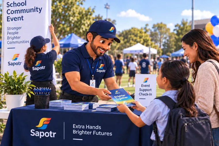 A SAPOTR handing out brochures at a school community event check-in table