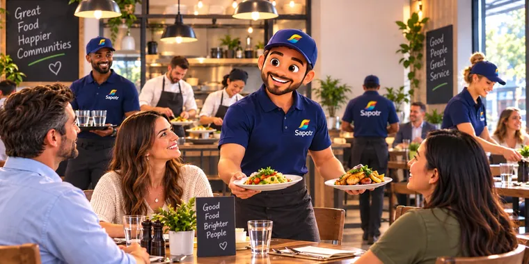 A SAPOTR serving meals to smiling guests in a busy café