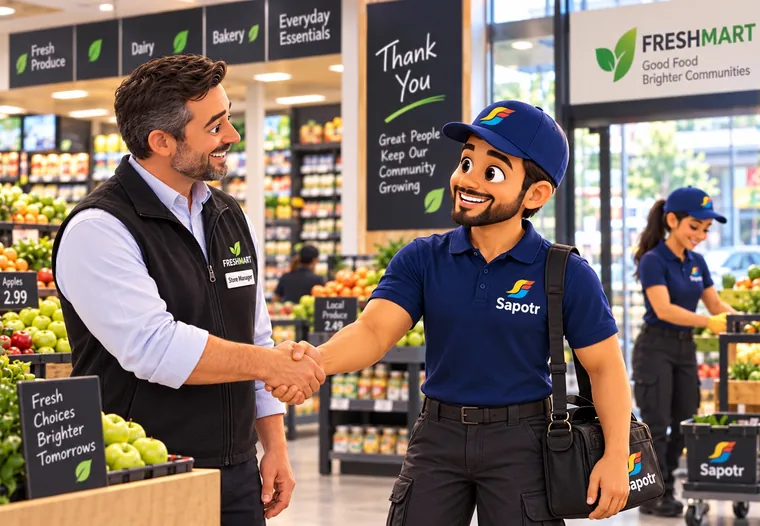 A SAPOTR shaking hands with a supermarket store manager