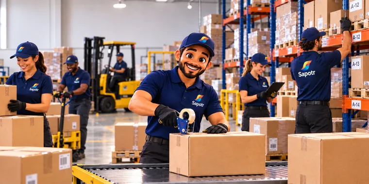 SAPOTRs packing and taping boxes on a warehouse conveyor